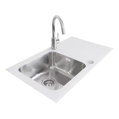 (White) Aquariss 1.0 Single Bowl x 500mm Glass Inset Kitchen Sink Stainless Steel Reverisble