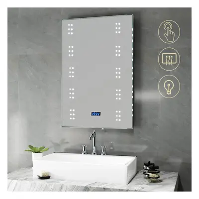 Bathroom Anti-Fog Wall Mounted LED Sensor Touch Vanity Mirror with Clock&Shaver Socket