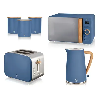 Swan Nordic Blue Kettle, Slice Toaster, Microwave & Canisters Set