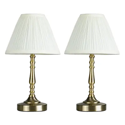 Pair of Vintage Antique Brass Touch Table Lamps with a Pleated Cream Shade