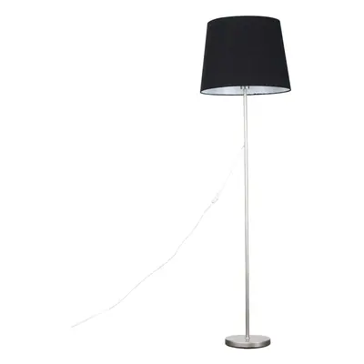 Modern Standard Floor Lamp in a Brushed Chrome Metal Finish with an Extra Large Black Tapered Sh