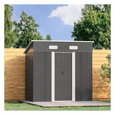 (Charcoal Black, 4'x6'ft) Metal Garden Shed Flat Roof Outdoor Storage House Tool Box + Steel Bas