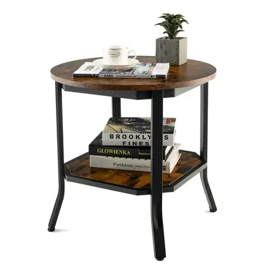 Wooden Round Side Table Industrial 2-Tier Sofa Bedside Table w / Shelf