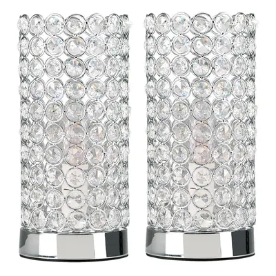 Pair of - Modern Polished Chrome & Clear K9 Crystal Jewel Cylinder Touch Table Lamps