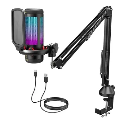 Gaming USB Microphone with Adjustable RGB Modes & Brightness, Condenser PC Mic with Boom Arm for