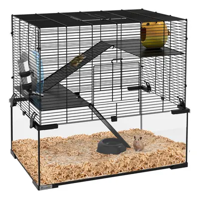 PawHut Tiers Hamster Cage w/ Deep Glass Bottom, Dish, Hut, x x 57cm