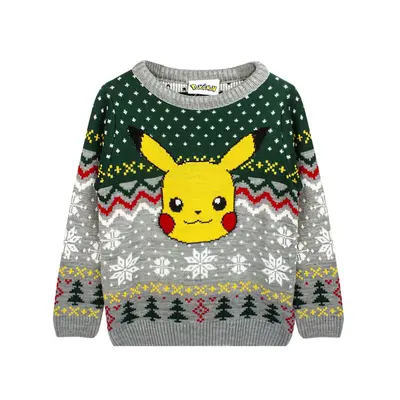 (11-12 Years, Grey/Green) Pokemon Childrens/Kids Pikachu Knitted Christmas Jumper