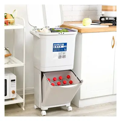 45L White 2-Tier 3-Compartment Dustbin Kitchen Trash Can with Wheels