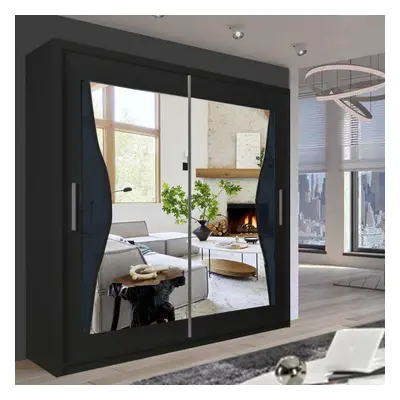 (Black, 150cm) Modern Bedroom Mirror Sliding Door Wardrobe