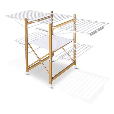 VOUNOT Large Clothes Airer Foldable 2-Level with Wings & Casters White&Wood Look