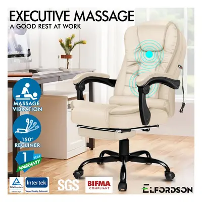 ELFORDSON Massage Office Chair with Footrest PU Leather Cream