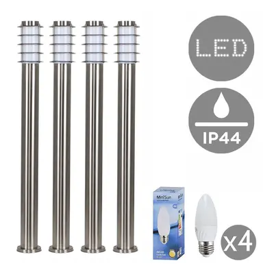 4 x Modern Outdoor Stainless Steel Bollard Lantern Light Posts - Metre - Complete with 4w LED Ca