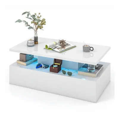 2-Tier Coffee Table Modern Center Table w/ Adjustable LED Light Remote