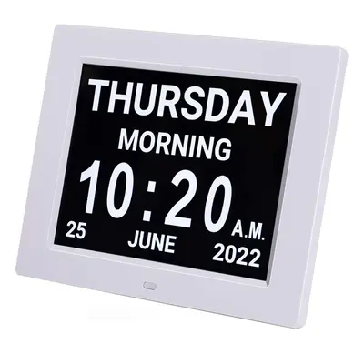 (White) Inch Digital Day Alarm Clock LED Calendar Dementia Time Date Month Memory Christmas