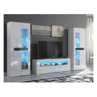 (584.70) TV Unit White High Gloss &Matt Living Room Set Stand Display Cabinets LED Lights