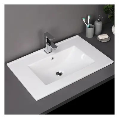 750mm Inset Bathroom Basin White Ceramic Modern Square Cabinet Mounted Sink Bowl