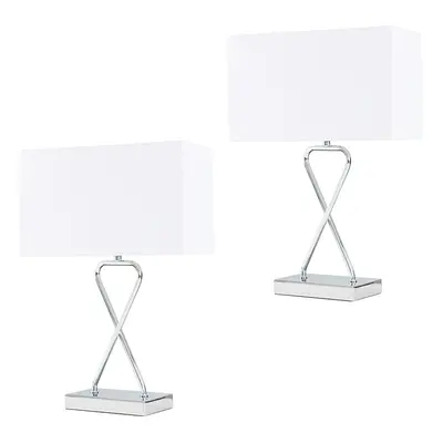 Pair of Contemporary Polished Chrome Table Lamps with a White Rectangular Shade - Complete with 