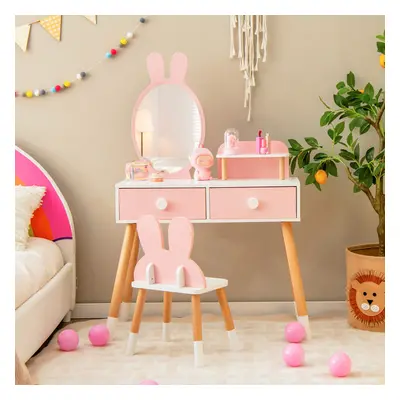 2 in Kids Vanity Table and Chair Set with Mirror & Drawers Pink