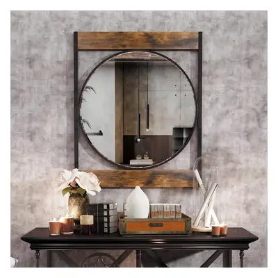 Industrial Round Wall Accent Mirror Square Wood Frame