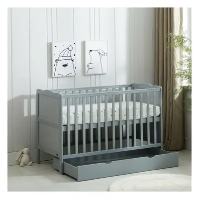 (Grey) MCC BABY COT BED Wooden Baby Cot Bed & Rollaway Drawer & Aloe Vera Water Repellent Mattre