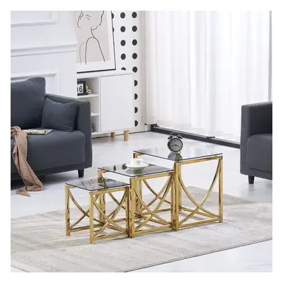 Set of Coffee Table Tempered Glass with Stainless Steel Frame