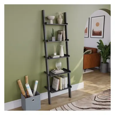 (Black) York Tier Ladder Bookcase Leaning Shelving Unit