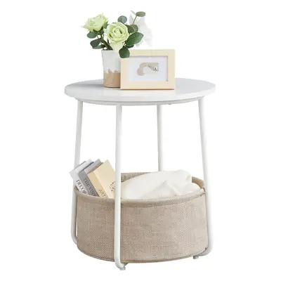 (White Beige) Side table with round end with fabric basket, spacious, suitable for living room, 