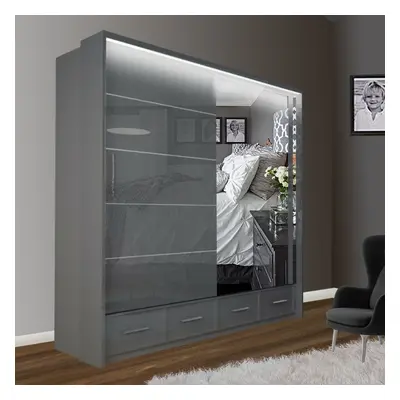 (Grey, 150cm) MN FURNITURE High Gloss Sliding Mirror Wardrobe