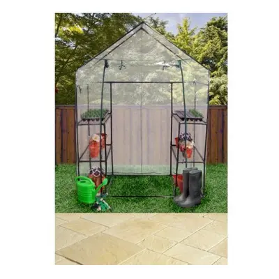 Large Portable Walk In Greenhouse Metal Frame With Double Shelves PVC