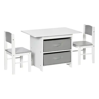 HOMCOM Pcs Kids Table & Chairs Set Toddler Furniture w/ Storage Drawers White