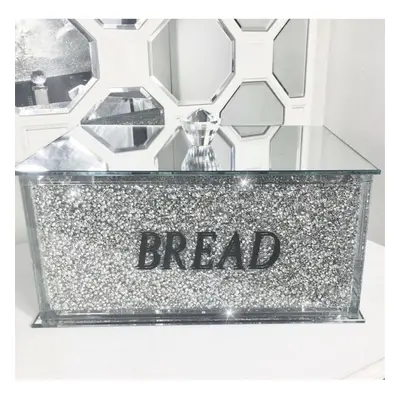 XL Silver Crushed Diamond Crystal Mirrored Bread Bin Container Kitchen