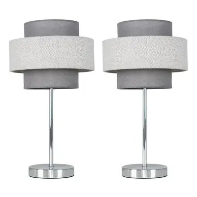 Pair of - Modern Polished Chrome Touch Bedside Table Lamps with a Dark Grey & Light Grey Herring