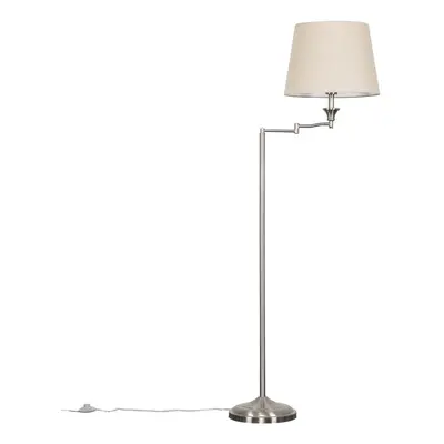 Modern Adjustable Swing Arm Floor Lamp in a Brushed Chrome Finish with a Beige Tapered Light Sha