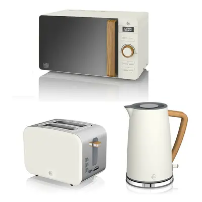 (White) Swan Nordic 1.7 Litre Jug Kettle, Slice Toaster & Microwave LED 800W Freestanding