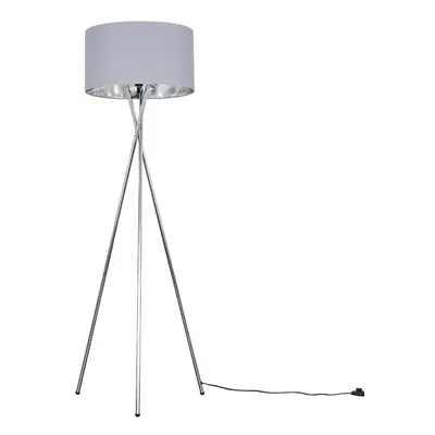 Modern Polished Chrome Metal Tripod Floor Lamp with a Grey & Chrome Cylinder Shade