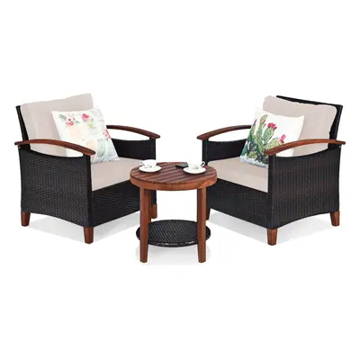 3PCS Garden Sofa Set Rattan Seats & Coffee Table Set W/Seat Cushions