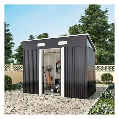 8 x ft Pent Metal Garden Storage Shed Tool Storage with Lockable Door and Base Frame, Charcoal B