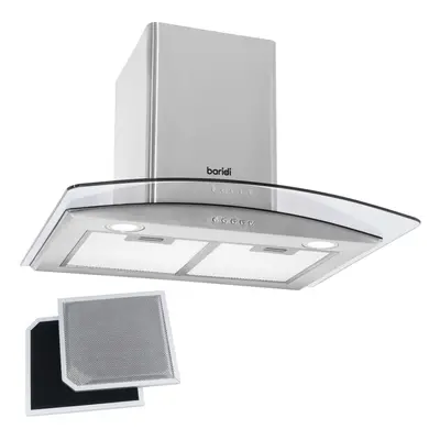 Baridi 60cm Curved Glass Cooker Hood with Carbon Filters, LED Lights, Stainless Steel - DH128