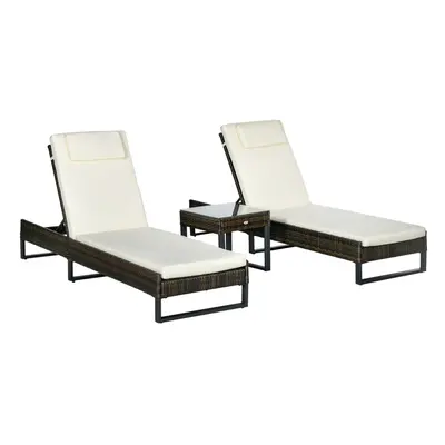 Outsunny Rattan Sun Lounger Set w/ Cushions, 5-Level Chaise Lounge Chairs Brown