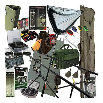 Deluxe Complete Full Carp Fishing Set up With 2x Rods Reels Alarms Tackle & Bait