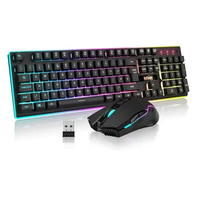 (Black) Wireless Gaming Keyboard and Mouse Combo, LED Backlight Rechargeable 3800mAh Battery, Me