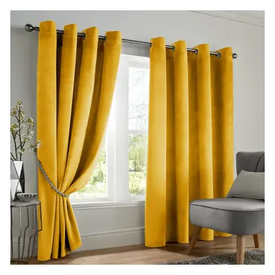 (Ochre, 90" x 90" (228cm x 228cm)) Thick Heavy Velvet Curtain PAIR Eyelet Ring Top Fully Lined R