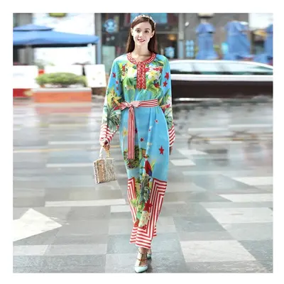 High quality fashion print Loose Casual long dress New women Full sleeves Beading summer runway 