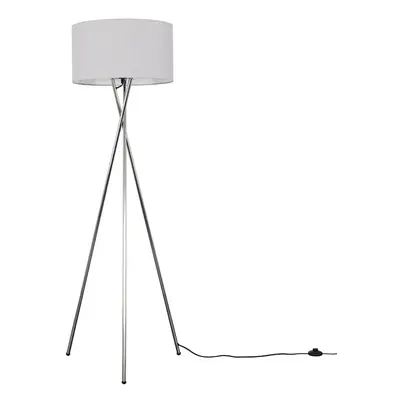 Modern Polished Chrome Metal Tripod Floor Lamp with a Pale Grey Cylinder Shade