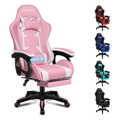 (Pink & White) ELFORDSON Gaming Office Chair Racing Massage Computer Footrest