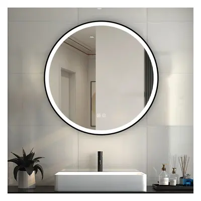 (700mm) Round Black Framed Wall Mirror with LED Lights