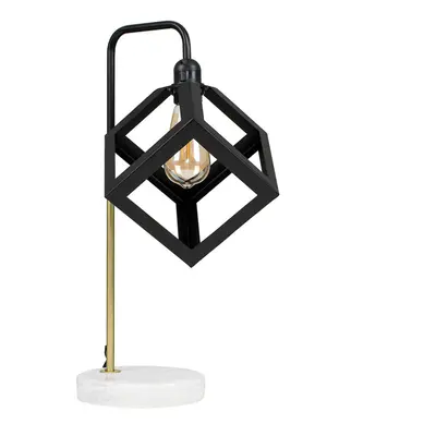 Retro Black/Gold Effect Metal & White Marble Table Lamp with a Black Metal Puzzle Cube Light Sha