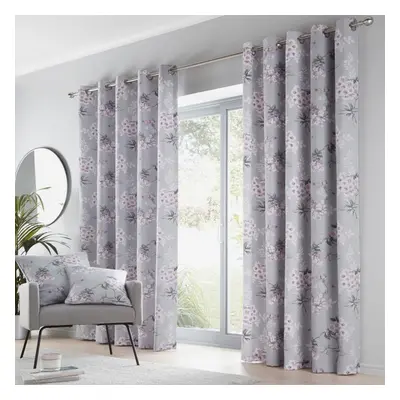 (90 x 90" (229x229cm)) Grey curtains lined eyelet ring pink flowers ready made floral pair windo