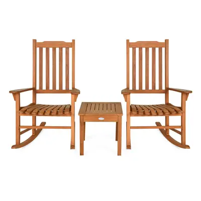 3 Piece Eucalyptus Rocking Chair Set Backyard Porch Poolside Lawn Natural Finish