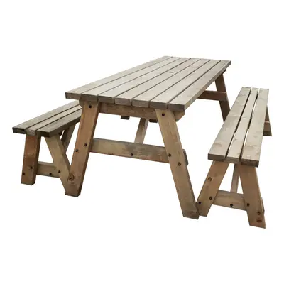 (7ft, Rustic Brown) Picnic Table and Bench Set Wooden Outdoor Garden Furniture, Victoria Heavy D